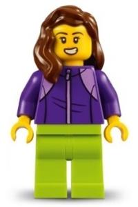 LEGOLAND Park Female Minifigure - Female LEGOLAND Park minifigure with reddish brown mid-length hair, dark purple tracksuit, and lime legs - llp020