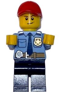 LEGOLAND Park Police Officer - Park police officer with dark blue tie and gold badge, dark tan belt with radio, red cap, lopsided smile, and dark blue legs - llp022