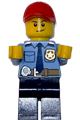LEGOLAND Park Police Officer with Shirt with Dark Blue Tie and Gold Badge, Dark Tan Belt with Radio, Dark Blue Legs, Red Cap, Lopsided Smile - llp022