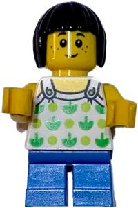 LEGOLAND Park Child Minifigure - Child minifigure wearing a halter top with green apples and lime spots, paired with dark azure short legs - llp024