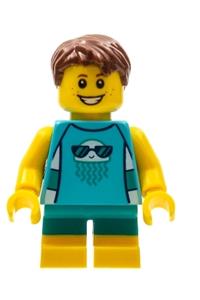 LEGOLAND Park Boy Minifigure - Boy with reddish brown hair wearing a medium azure sleeveless jellyfish shirt and dark turquoise short legs at LEGOLAND Park - llp025