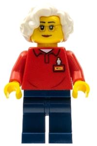 LEGOLAND Park Worker Older Female, Glasses, White Hair, Red Polo Shirt with \LEGOLAND\ on Back and Dark Blue Legs llp026