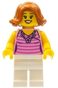 LEGOLAND Park Female Minifigure - A female LEGOLAND Park minifigure with dark orange hair, a bright pink striped shirt, and white legs - llp027