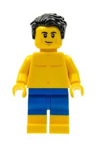 LEGOLAND Park Male Minifigure - Male LEGOland Park minifigure with black hair, bare chest, and a blue swimsuit - llp028