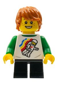 LEGOLAND Park Boy Minifigure - A boy at LEGOLAND Park with reddish brown hair wearing a white and green spaceman shirt and black short legs - llp029