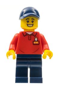LEGOLAND Park Worker Male - Male LEGOLAND park worker with dark blue hat, red polo shirt with "LEGOLAND" on back, and dark blue legs - llp030