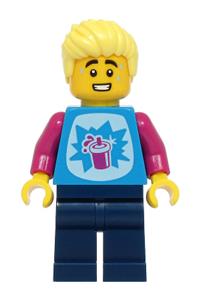 Male LEGOLAND Park Visitor - Male LEGOLAND Park visitor wearing a dark azure shirt with a slushy cup, dark blue legs, and bright light yellow hair - llp034
