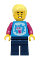Male LEGOLAND Park visitor wearing a dark azure shirt with a slushy cup, dark blue legs, and bright light yellow hair - llp034
