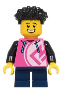 LEGOLAND Park Child Minifigure - Boy child wearing a dark pink hoodie, with dark blue short legs and black hair - llp036