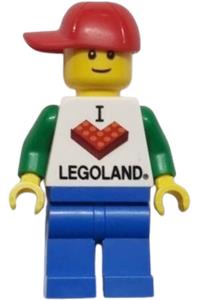 LEGOLAND Park Male Minifigure - Male LEGOLAND Park minifigure wearing an I Brick LEGOLAND top and a red cap with a hole - llp037