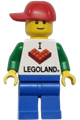 Male LEGOLAND Park minifigure wearing an I Brick LEGOLAND top and a red cap with a hole - llp037