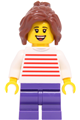 Girl child with reddish brown wavy hair in a ponytail, wearing a white sweater with red horizontal stripes and dark purple medium legs - llp038