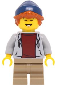 Child Boy Minifigure - Boy child wearing a light bluish gray hoodie over a dark red shirt, dark tan medium legs, dark blue beanie, dark tan hair - llp039