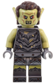 Orc with olive green head, wearing pearl dark gray armor with dirt splotches and dark brown hair - lor135