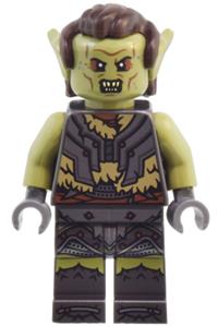 Orc Minifigure - Orc with an olive green head, wearing pearl dark gray armor over dark tan fur and dark brown hair - lor137