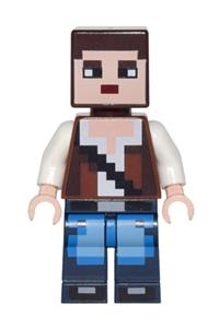 Minecraft Skin 3 Minifigure - Pixelated Minecraft Skin 3 wearing a reddish brown vest with strap and blue jeans - min036