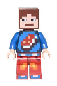 Minecraft Skin 7 Minifigure - Minecraft Skin 7 with a blue shirt featuring a pixelated porkchop icon design - min040