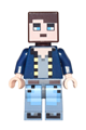 A pixelated Minecraft Skin 8 figure in a dark blue jacket with bright light blue and sand blue legs - min041