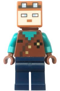 Miner Minifigure - A miner with a hard hat, pickaxe, brown overalls, and black boots - min128