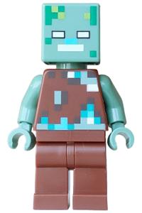 Drowned Zombie Minifigure - Drowned zombie in dark brown, dark turquoise, green, sand green and white wearing a medium azure pixelated vest - min281