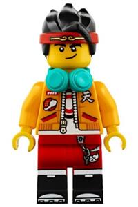 Monkie Kid Minifigure - Monkie Kid with bright light orange jacket and headphones - mk001