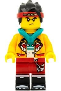 Monkie Kid Minifigure - Monkie Kid wearing a bright light orange jacket with a dark turquoise hood - mk028