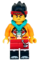 Monkie Kid wearing a bright light orange jacket with a dark turquoise hood and golden eyes - mk041