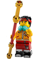 Monkie Kid wearing a bright light orange fully zipped up jacket and headphones with a smirk and angry expression - mk052