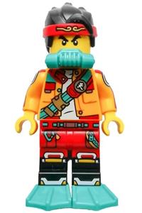 Monkie Kid Minifigure - Monkie Kid with a bright light orange open jacket with shoulder strap, wearing a dark turquoise scuba breathing regulator and flippers - mk065