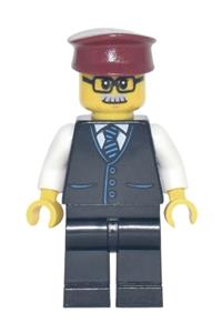 Train Driver Minifigure - Male train driver wearing a black vest with blue striped tie, black legs, a dark red hat, and glasses with a moustache - mk070