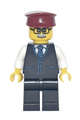 Train Driver - Male, Black Vest with Blue Striped Tie, Black Legs, Dark Red Hat, Glasses and Moustache - mk070