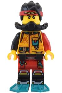 Monkie Kid Minifigure - Monkie Kid in a bright light orange diving suit with black scuba gear and dark turquoise flippers - mk121