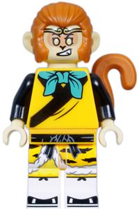 Monkey King Minifigure - Monkey King with a bright light orange robe adorned with black animal stripes and a dark turquoise bandana - mk132