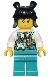 Mei Minifigure - Mei wearing a white top and overalls, carrying a dragon bag - mk173