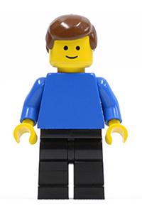 Male Minifigure - Minifigure with plain blue torso and arms, black legs, and brown male hair - mmf005