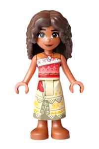 Moana (Sienna) - Moana (sienna) mini-doll with dark brown long full curly hair, coral and white strapless top, and tan long skirt with dark tan hems - moa011