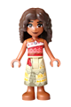 Moana (sienna) mini-doll with dark brown long full curly hair, coral and white strapless top, and tan long skirt with dark tan hems - moa011