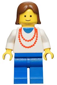 Female with Red Necklace Minifigure - Female minifigure with brown hair, red necklace, and blue legs - ncklc001
