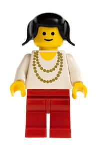 Female with Gold Necklace - Minifigure with gold necklace, red legs, and black hair in pigtails - ncklc004