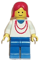 Female minifigure with red hair wearing a red necklace and blue legs - ncklc007