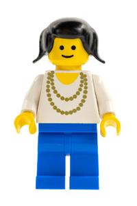 Female with Gold Necklace - Minifigure with gold necklace, black pigtails hair, and blue legs - ncklc009
