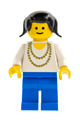 Minifigure with gold necklace, black pigtails hair, and blue legs - ncklc009