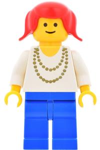 Female with Gold Necklace - Minifigure with gold necklace, blue legs, and red hair in pigtails - ncklc011