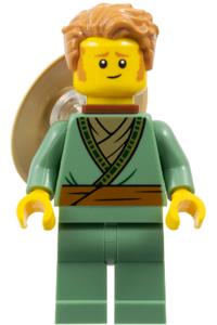 Fisherman Minifigure - Fisherman with medium nougat hair wearing a sand green tunic and a conical hat on the back - njo0991