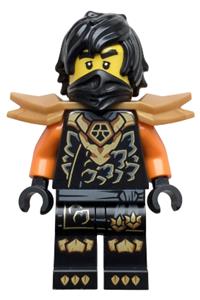 Cole Dragons Rising Minifigure - Cole from Dragons Rising wearing a tunic with a dragon head, hair, and wide pearl gold shoulder armor - njo1038