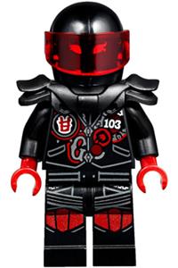 Mr. E - biker vest with number 103 and red and silver patches and  Garmadon mask on back, black helmet with trans-red visor, flame eyes, armor njo385