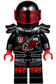 Mr. E - biker vest with number 103 and red and silver patches and  Garmadon mask on back, black helmet with trans-red visor, flame eyes, armor - njo385