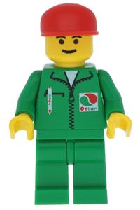 Octan Worker Minifigure - Minifigure with green jacket with pen, red cap, and green legs representing Octan - oct001
