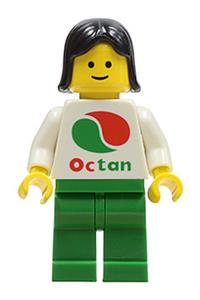Octan Worker Minifigure - Minifigure with a white Octan logo, wearing green legs and black female hair - oct002