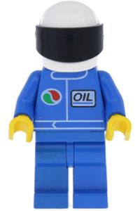 Octan Racer Minifigure - Minifigure with Octan logo, wearing a white helmet with black visor, blue oil tank, life jacket, and blue legs - oct006